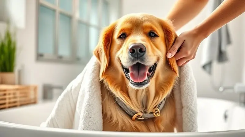 Tutor secando um cachorro da raça golden retriever com uma toalha macia após o banho, demonstrando o método correto de secagem.