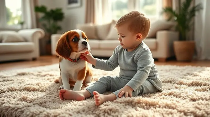 Criança fazendo carinho em um dócil Cavalier King Charles Spaniel, ilustrando o bom comportamento da raça com crianças.