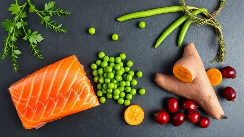 Ingredientes frescos e nutritivos como salmão e vegetais, que representam a composição de alta qualidade da ração Fórmula Natural.