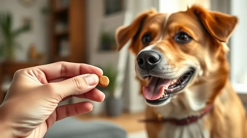 Mão de uma pessoa oferecendo um comprimido mastigável de remédio para carrapato a um cão saudável.