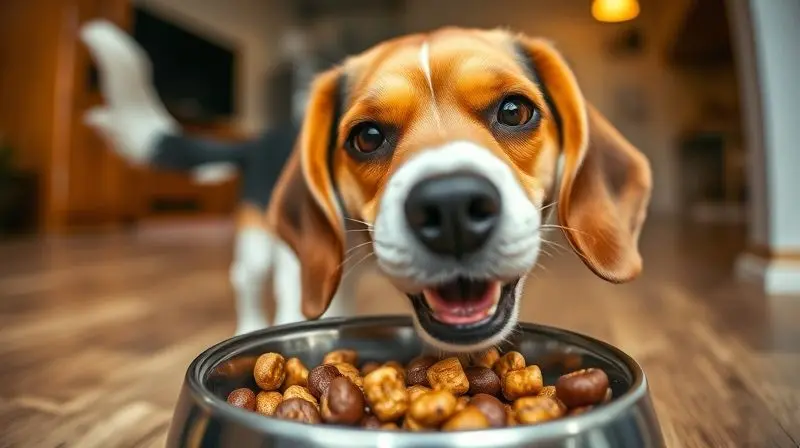 Um cão satisfeito come sua ração em um pote, ilustrando a conclusão positiva sobre a qualidade e se a ração Balance é boa.