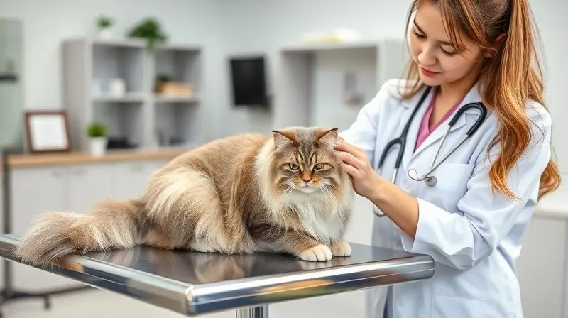 Uma veterinária profissional examinando cuidadosamente um gato Persa em uma clínica, destacando a importância da consulta para a saúde do animal.