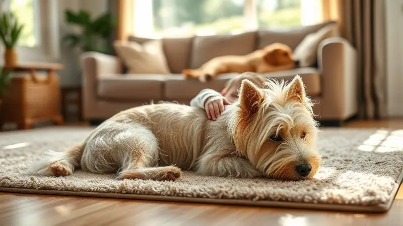Um cão Westie convivendo pacificamente com uma criança que o acaricia e outro cão que dorme ao fundo, em um ambiente familiar.