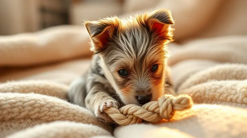 Filhote de West Highland Terrier branco e fofo brincando com um brinquedo seguro em cima de uma manta macia e aconchegante.