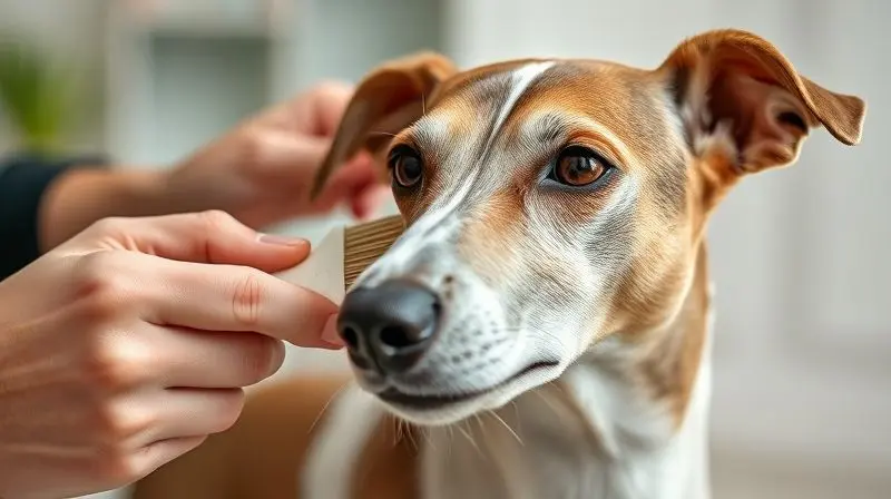 Close-up das mãos de uma pessoa escovando a pelagem curta e fina de um Whippet, detalhando os cuidados de higiene necessários para a raça.