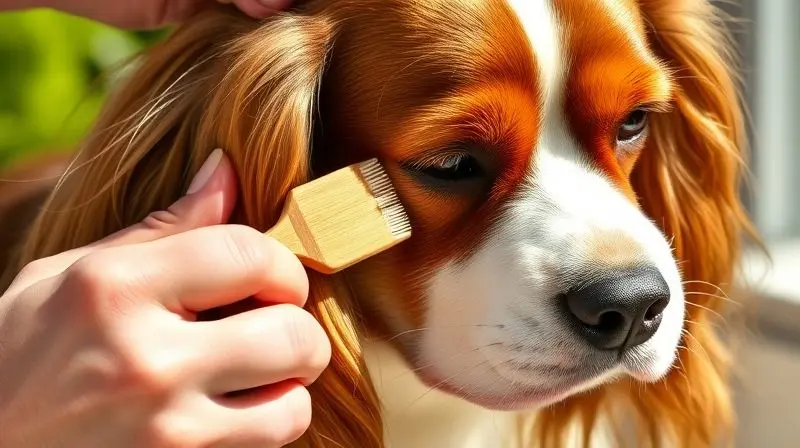 Dono escovando a pelagem sedosa de um cão Cavalier King Charles Spaniel, demonstrando os cuidados essenciais com o pelo.