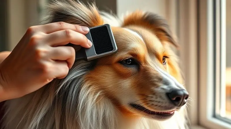 Cuidados com a pelagem do Pastor de Shetland, mostrando uma pessoa escovando o pelo longo e macio do cão com uma escova.