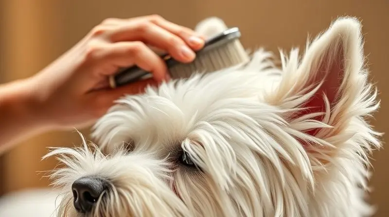 Pessoa escovando cuidadosamente a pelagem branca e densa de um cachorro Westie com uma escova apropriada para a raça.