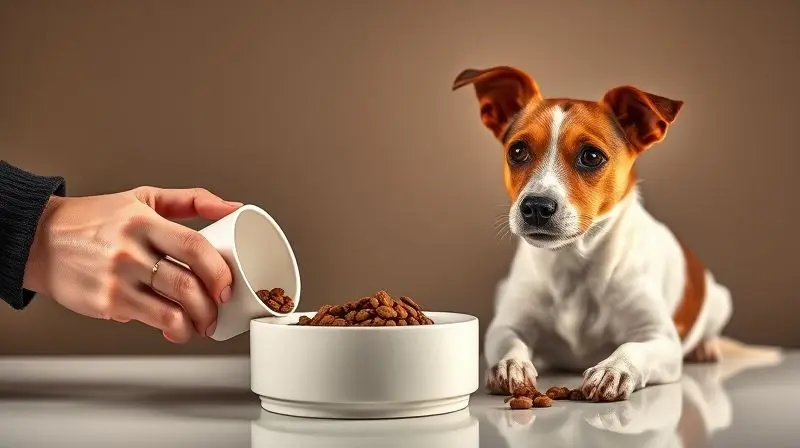 Dono enchendo o pote de ração para seu cão Jack Russell, demonstrando cuidado e a rotina de alimentação correta.