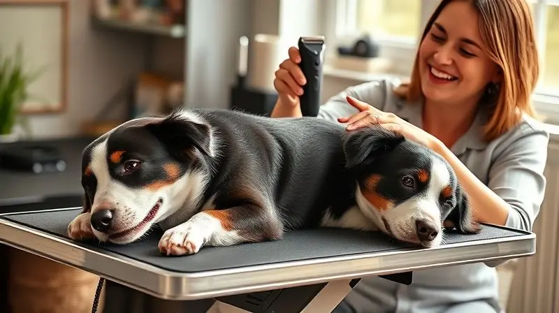 Um cachorro calmo e feliz sendo tosado por seu dono em um ambiente tranquilo, demonstrando técnicas para acalmar um cão durante a tosa.