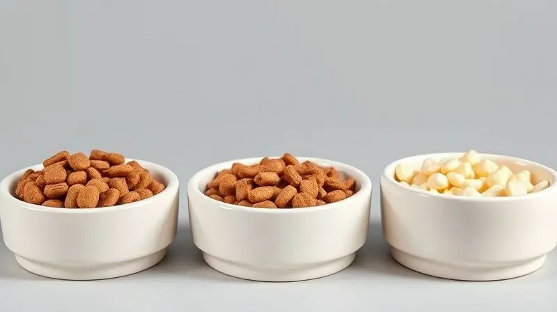 Três tigelas de ração lado a lado, mostrando a diferença de qualidade visual entre as categorias Super Premium, Premium e Standard para cães.