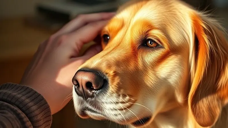 Close-up de uma mão humana acariciando a cabeça de um cão atento, simbolizando a conexão e o entendimento da mente canina.