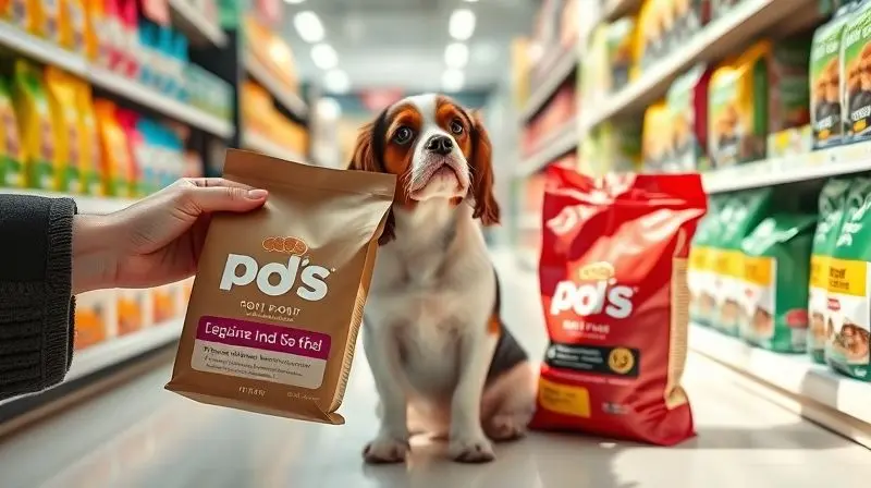 Pessoa escolhendo a ração ideal para seu cão Cavalier King Charles Spaniel, comparando dois pacotes de comida em uma loja.