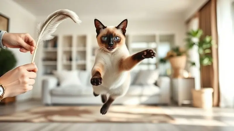 Gato Siamês ativo e esbelto pulando para pegar um brinquedo, demonstrando a importância do exercício físico.