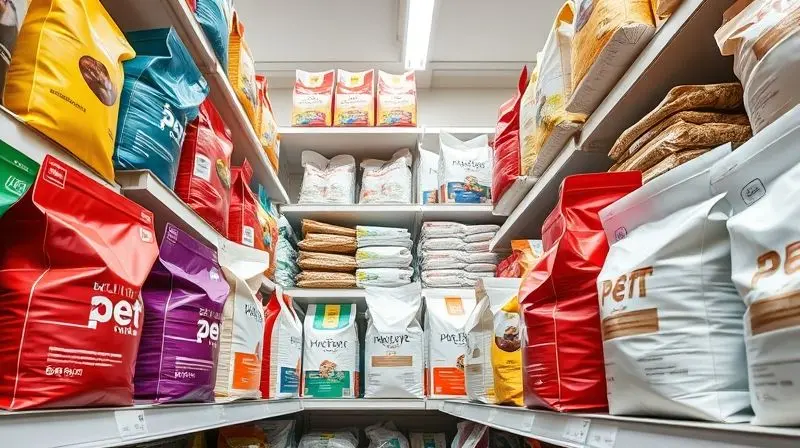 Prateleira de pet shop com diversos sacos de ração, ilustrando a variedade e a faixa de preço da linha Fórmula Natural.
