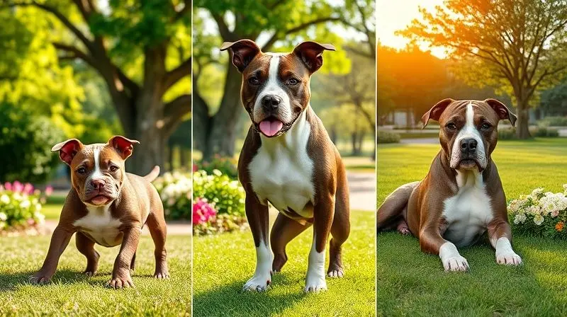 As três fases da vida de um American Staffordshire Terrier: filhote, adulto e sênior, mostrando a evolução do cão ao longo do tempo.