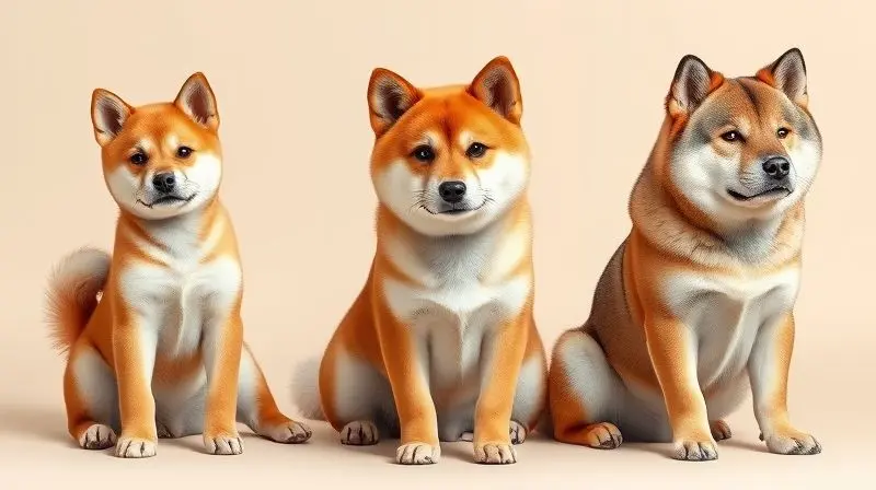 As três fases da vida de um cão Shiba Inu representadas por um filhote, um adulto e um sênior, destacando a necessidade de nutrição em cada etapa.