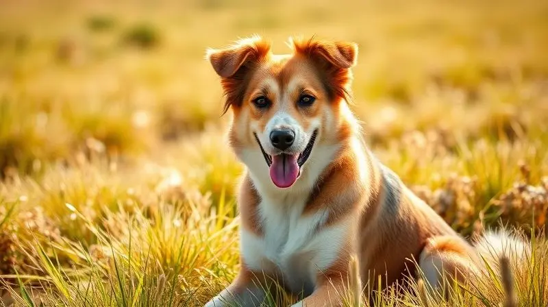 Um cão saudável e feliz num campo, representando a filosofia de bem-estar e naturalidade por trás da ração Origens.