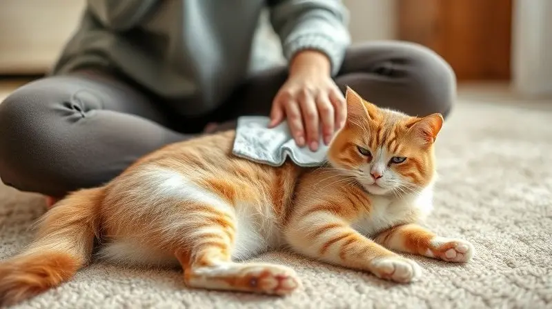 Alternativa para o banho: pessoa limpando um gato que não gosta de água com um pano úmido e morno em um ambiente calmo.