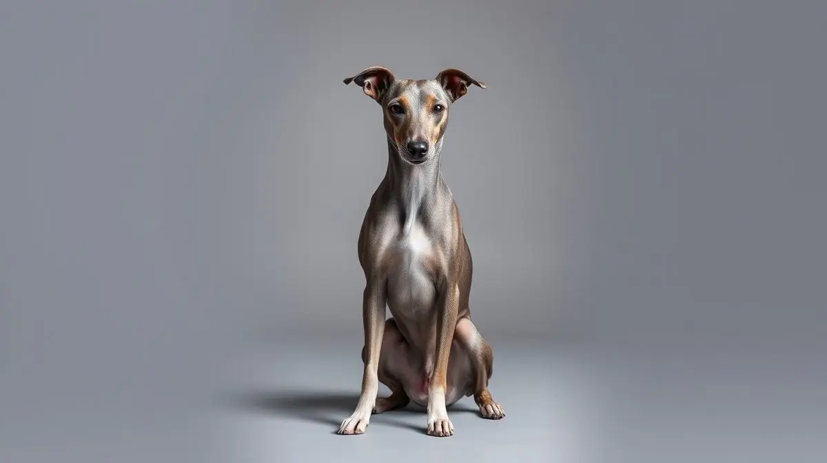 Um elegante cão da raça Whippet sentado em um fundo de estúdio neutro, olhando para a câmera. A imagem destaca a musculatura e a pelagem curta do cão.