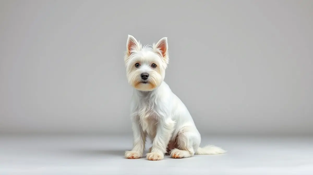 Um cachorro da raça West Highland White Terrier, branco e fofo, sentado e olhando para a câmera em um fundo de estúdio profissional e limpo.