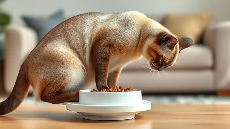 Gato siamês comendo de um comedouro elevado na altura correta, mostrando a postura ergonômica ideal para a saúde do pet.