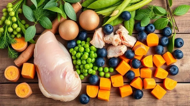 Ingredientes frescos e naturais usados na composição da ração True, como frango, batata-doce e mirtilos, para ilustrar seus benefícios.