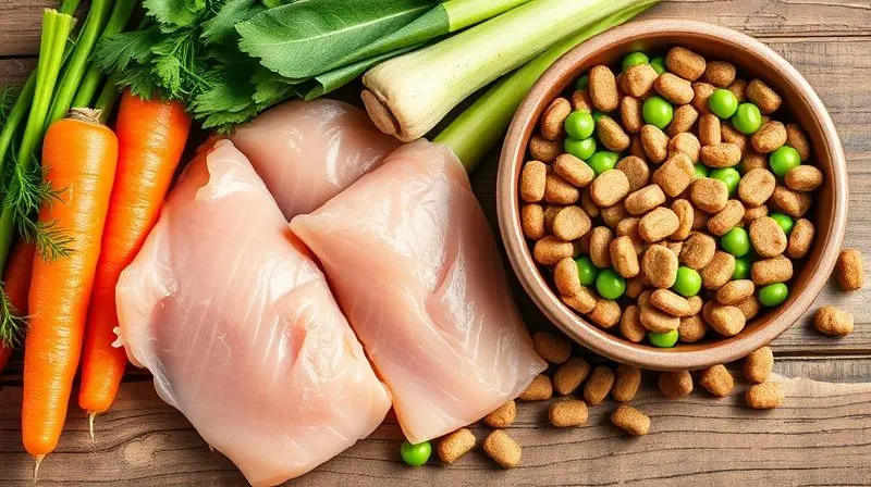 Ingredientes frescos e de alta qualidade ao lado de um pote de ração para ilustrar a composição nutricional dos produtos Balance.