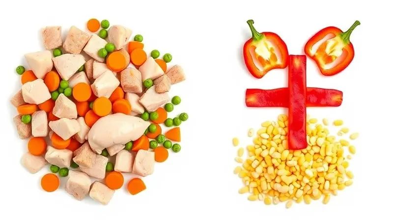 Ingredientes importantes para ração de Dálmata, como frango e vegetais, e ingredientes a serem evitados, como milho.