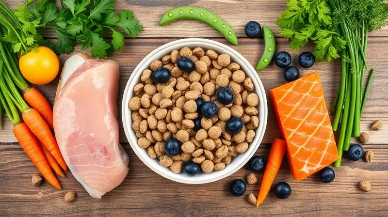 Ingredientes naturais e frescos, como salmão e vegetais, ao lado de uma tigela de ração, ilustrando os benefícios de uma dieta sem aditivos.