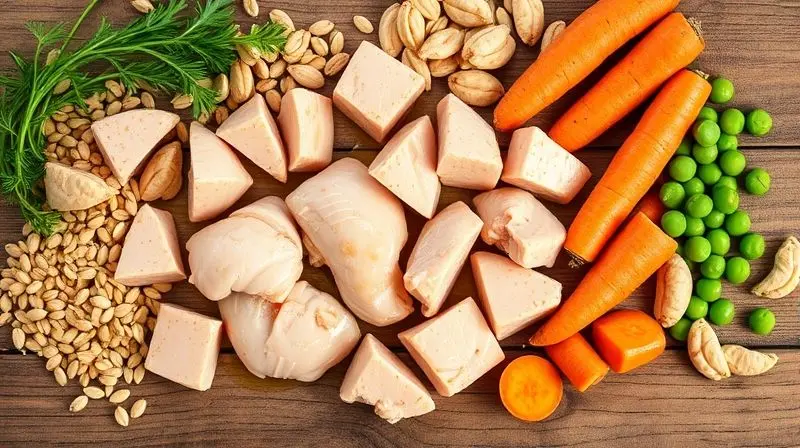 Visão detalhada dos principais nutrientes da ração Origens, incluindo frango, grãos e vegetais, para uma dieta canina balanceada.