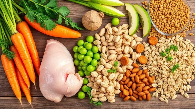 Análise dos ingredientes da ração Baw Waw, mostrando ingredientes frescos e naturais como frango e vegetais em uma superfície de madeira.