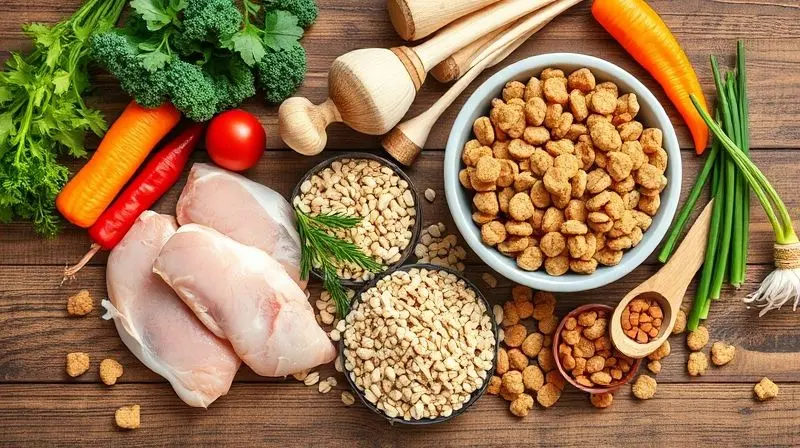 Análise dos ingredientes da ração Atacama, mostrando a composição com carnes, grãos e vegetais frescos ao lado dos grãos de ração.