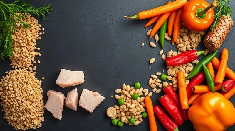 Análise dos ingredientes da ração Gran Plus, mostrando pedaços de frango fresco, grãos e vegetais de alta qualidade em uma superfície escura.