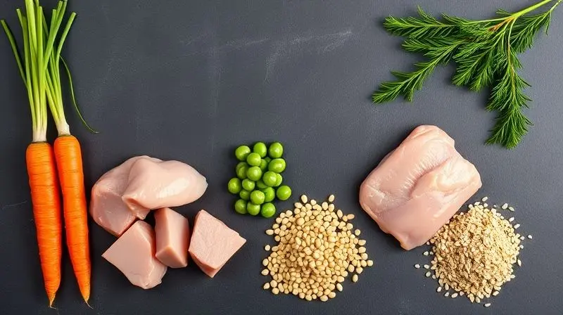 Análise dos ingredientes da ração Magnus, mostrando ingredientes frescos e de alta qualidade como frango e vegetais em uma superfície de madeira.