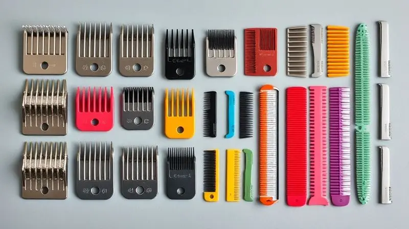Conjunto de lâminas de tosa e pentes adaptadores de várias alturas, organizados em uma superfície neutra, mostrando a versatilidade dos acessórios.