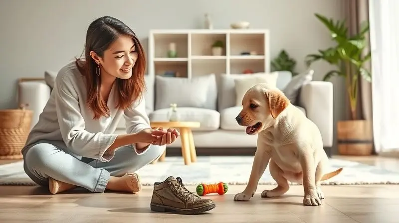 Dono de cão ensinando pacientemente seu filhote a não morder um sapato, oferecendo um brinquedo como alternativa para corrigir o comportamento.