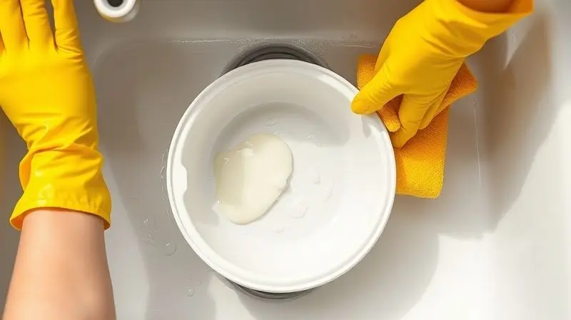 Pessoa higienizando corretamente um comedouro de cerâmica para gatos em uma pia de cozinha, demonstrando a limpeza adequada do item.