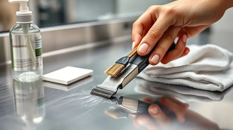 Mãos de uma pessoa realizando a limpeza e higienização cuidadosa de uma lâmina de máquina de tosa com uma escova e produtos de limpeza.
