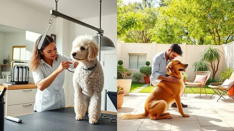 Comparativo entre tosa profissional em um salão de pet shop e tosa doméstica feita no quintal de casa, ilustrando os diferentes usos da máquina.