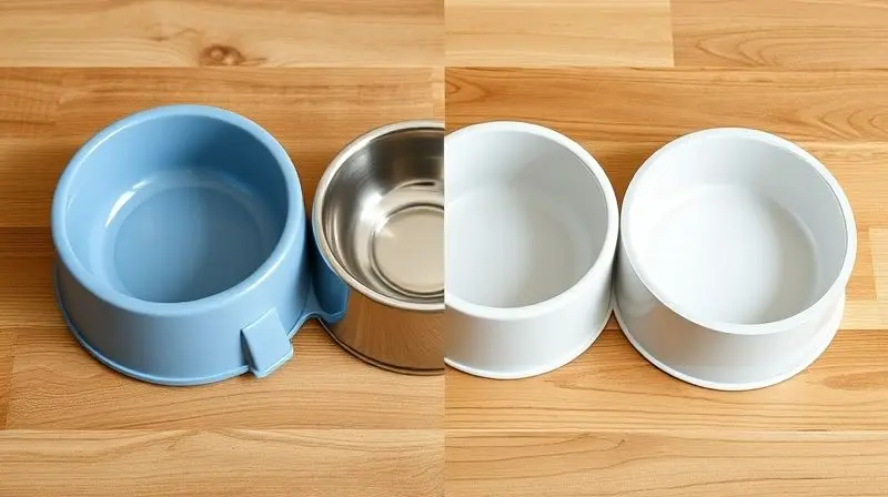 Comparativo de materiais de comedouros para gatos: plástico, inox, cerâmica e acrílico, alinhados para mostrar a diferença de textura.