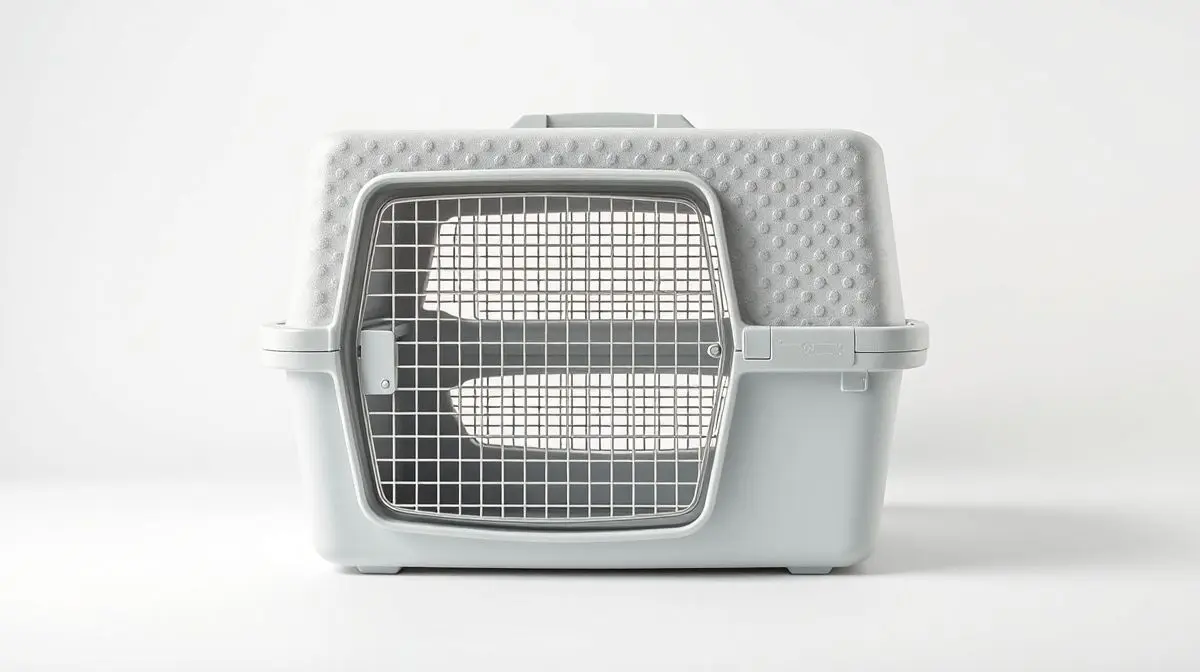 Caixa de transporte para cães e gatos de alta qualidade em fundo de estúdio. Fotografia de produto mostrando um transportador pet seguro e moderno.