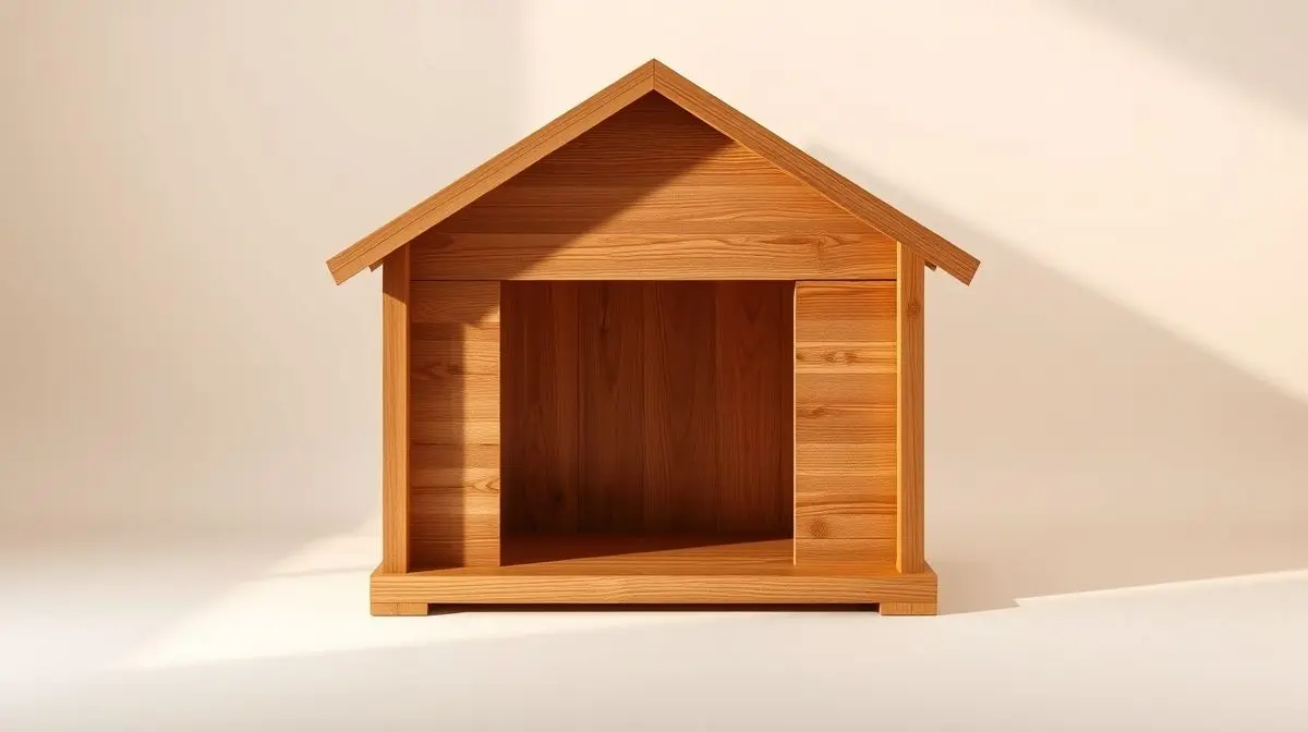 Uma casinha de cachorro de madeira moderna e elegante em um fundo de estúdio, representando a escolha da melhor casinha de cachorro para seu pet em 2025.