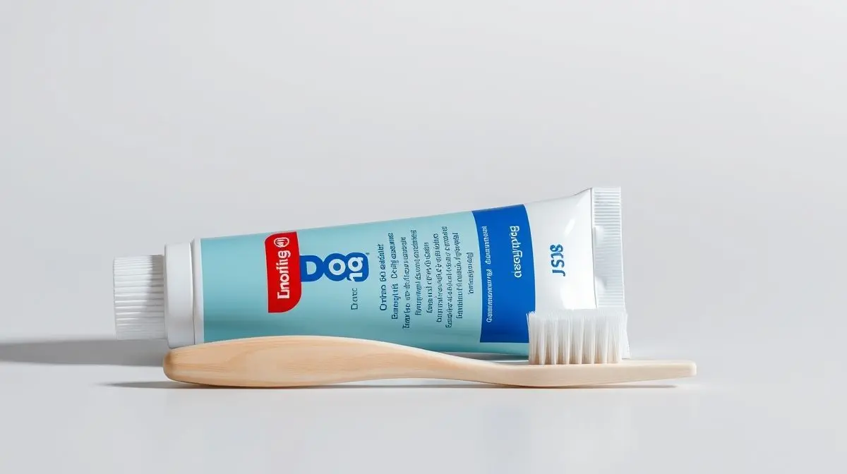 Tubo de pasta de dente para cachorro e escova dental em um fundo neutro, representando a melhor escolha para a higiene bucal canina.