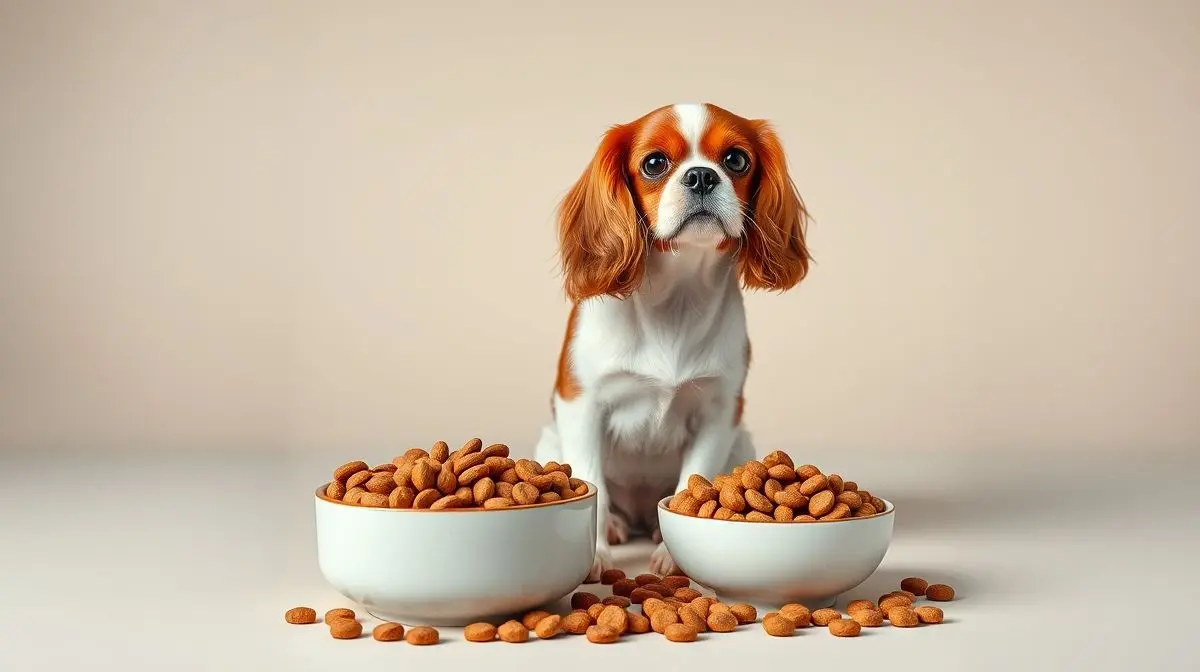 Um lindo cão Cavalier King Charles Spaniel ao lado de uma tigela com a melhor ração para a raça, ilustrando um artigo de review.