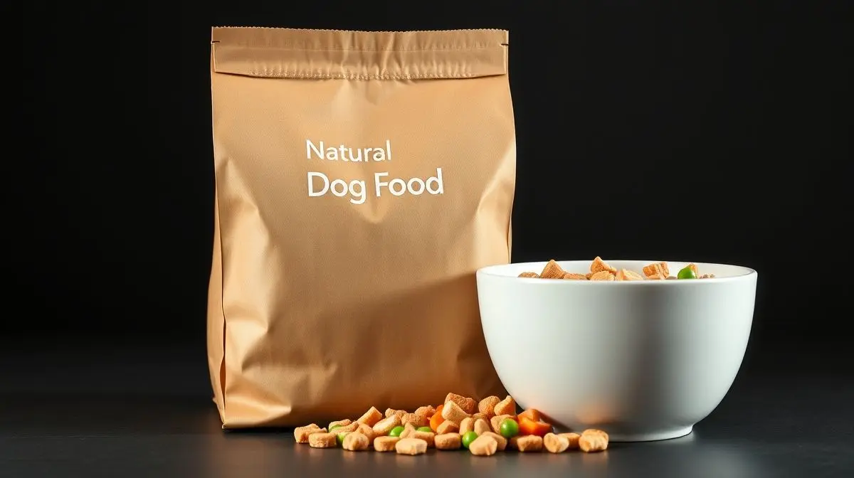 Embalagem de ração natural para cachorros ao lado de um pote de cerâmica com grãos, mostrando ingredientes saudáveis como frango, ervilha e cenoura.