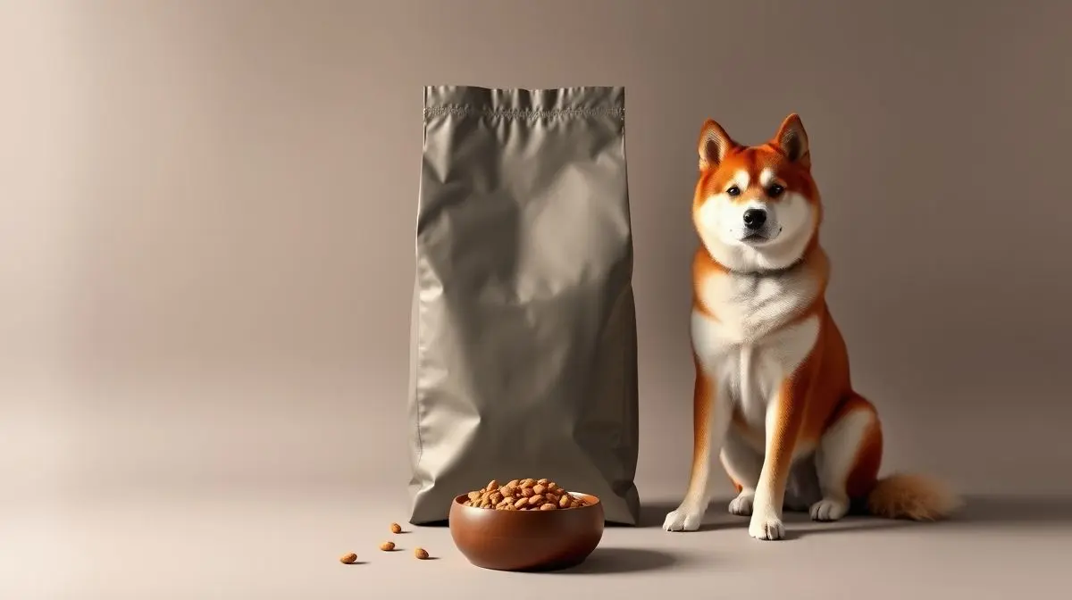 Um majestoso cão Akita Inu ao lado de um saco de ração premium sem marca, ilustrando o guia sobre a melhor ração para Akitas em 2025.