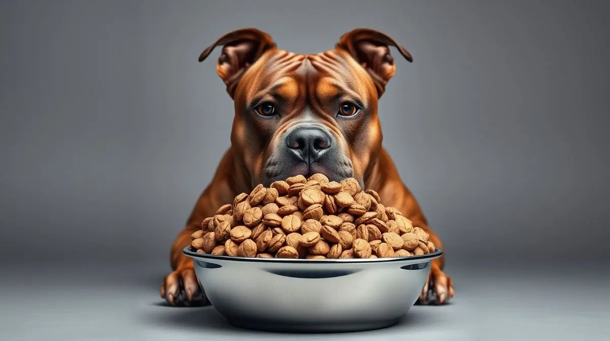 Um cão American Bully forte e saudável ao lado de uma tigela com a melhor ração, ilustrando o guia de alimentação e nutrição para a raça em 2025.