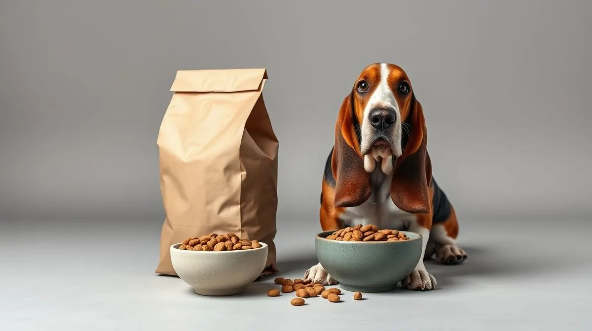 Um Basset Hound saudável ao lado de um saco e uma tigela de ração, representando a escolha da melhor ração para a raça.
