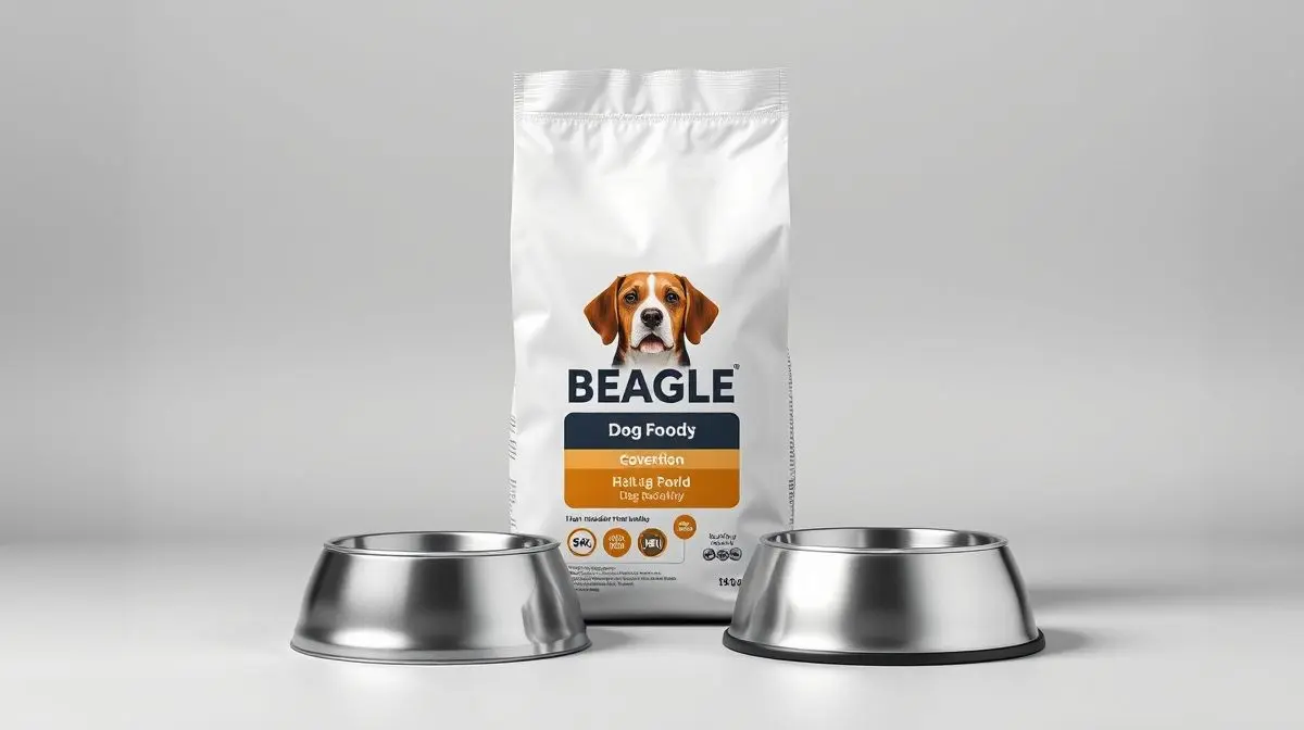 Saco de ração para Beagle de alta qualidade ao lado de uma tigela de comida, representando a melhor escolha de alimentação para a raça.